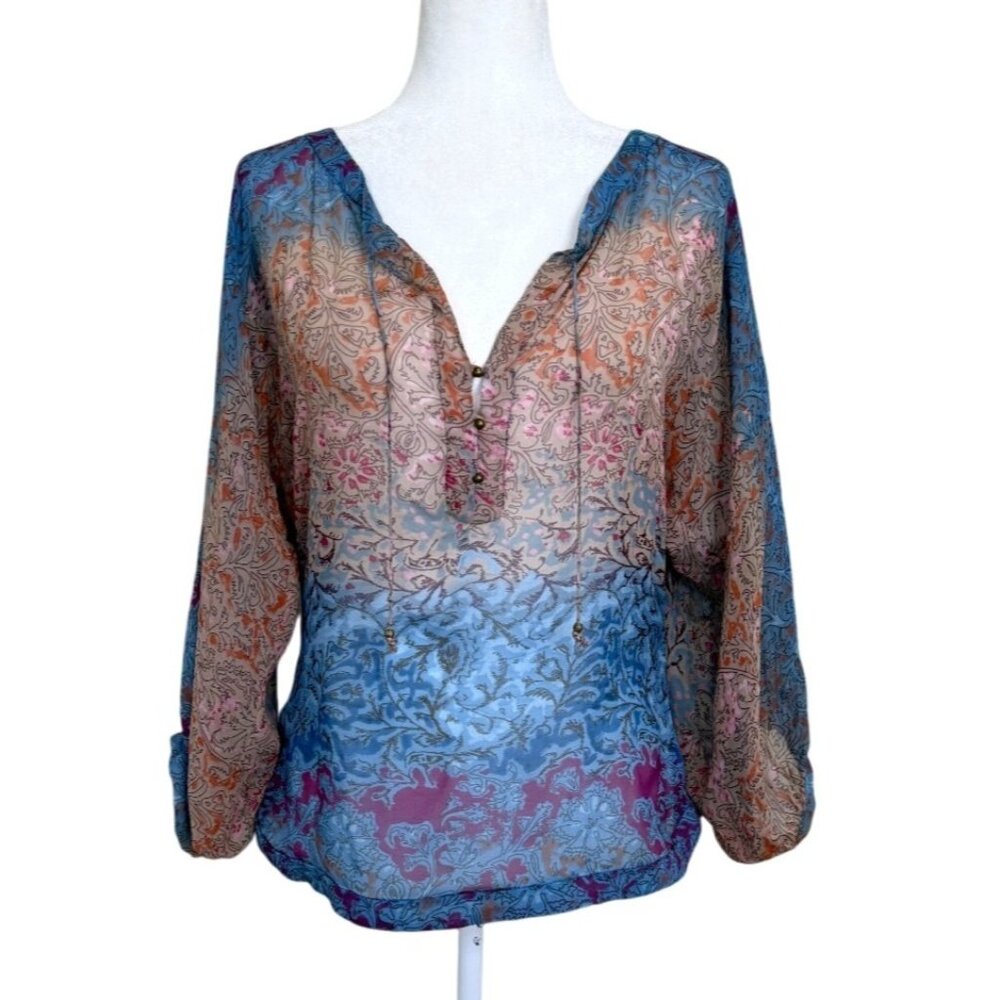 Diane Von Furstenberg Sheer Silk Top Blouse Tassel V-Neck Blue Tan Womens Size 6